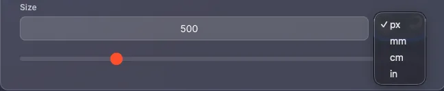 Size controls with slider, input field, and unit selector