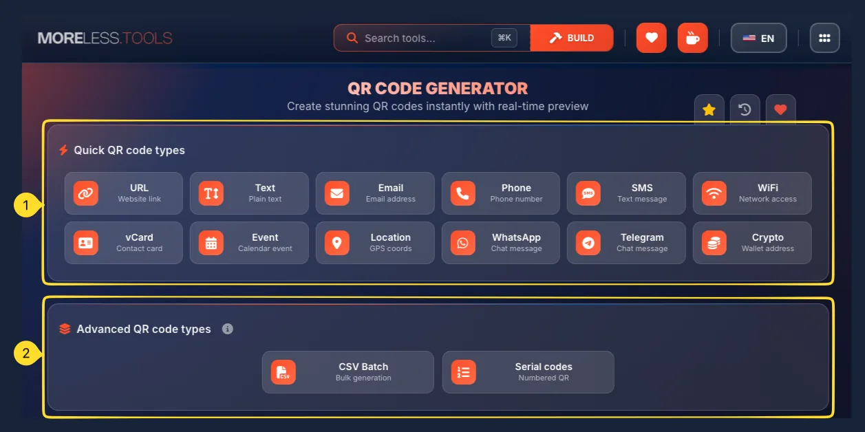 QR code type selector showing Quick and Advanced types