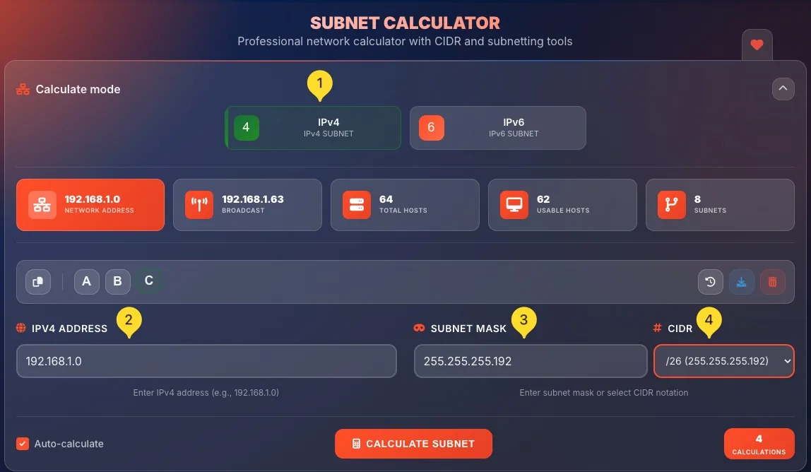 IPv4 mode with address input, subnet mask, and CIDR dropdown