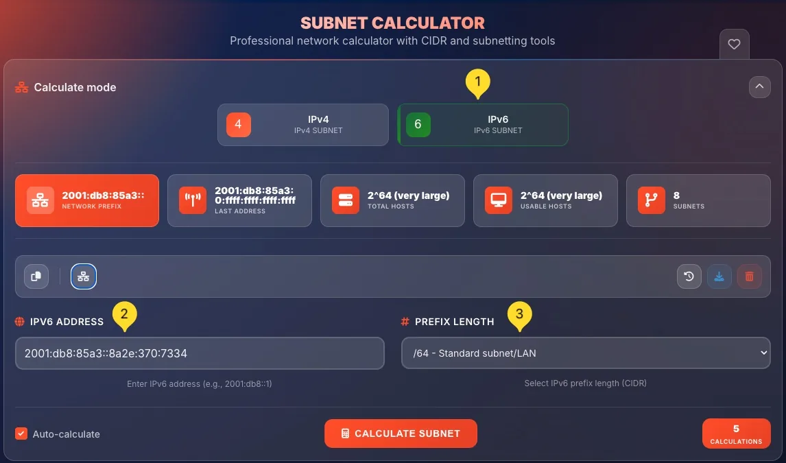 IPv6 mode with hexadecimal address and prefix length dropdown