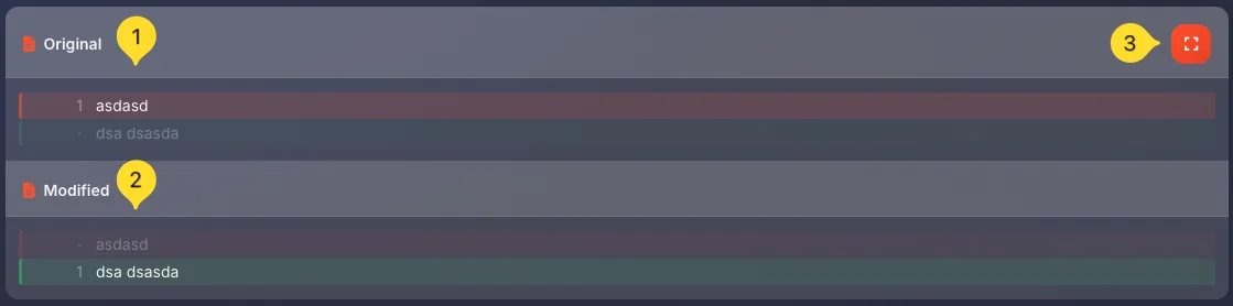 Diff result panels showing Original with deletions and Modified with additions