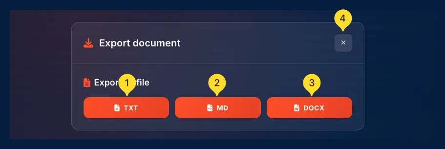 Export document modal with TXT, MD, and DOCX format options
