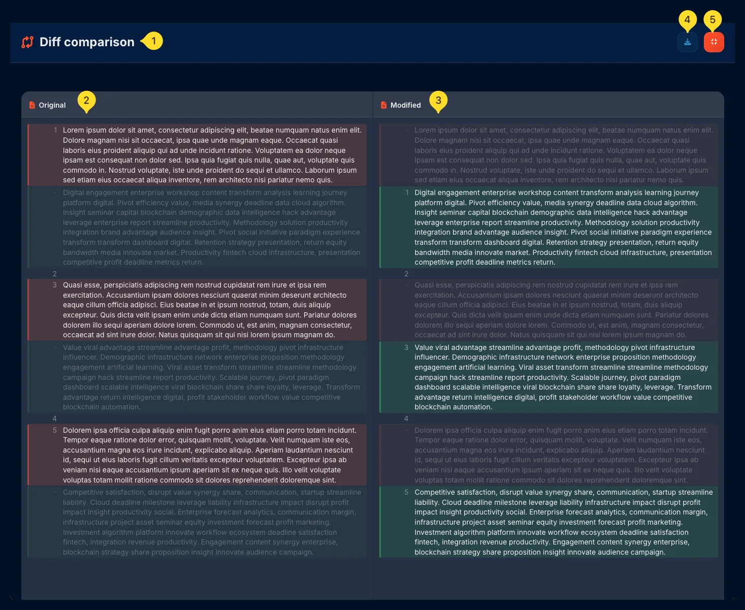 Diff comparison fullscreen mode showing highlighted differences