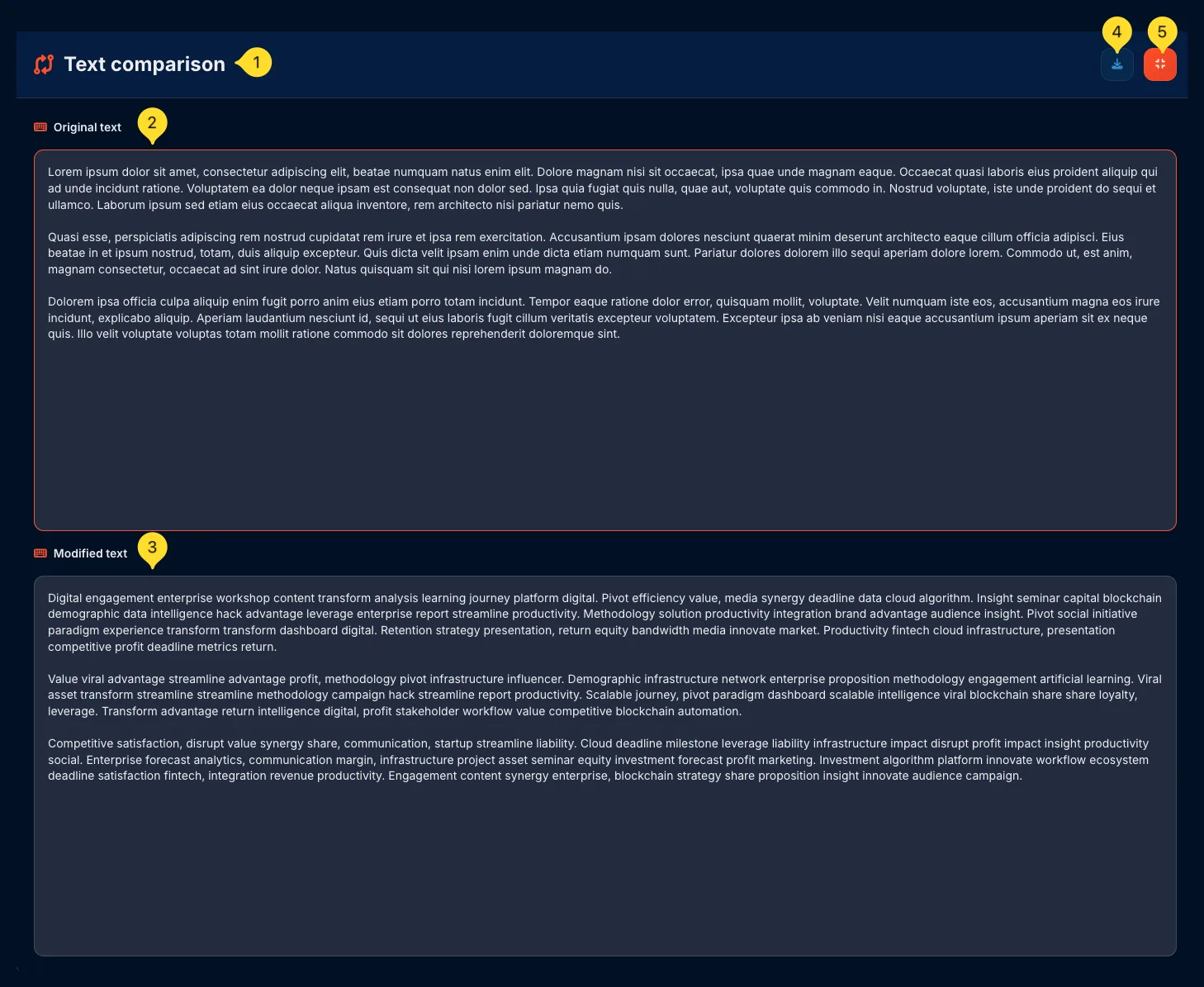 Text comparison fullscreen mode with stacked input panels