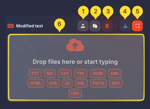 Modified text panel with upload, paste, clear, download, and fullscreen buttons