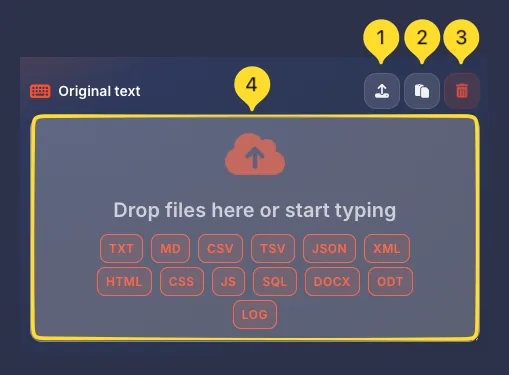 Original text panel with upload, paste, and clear buttons