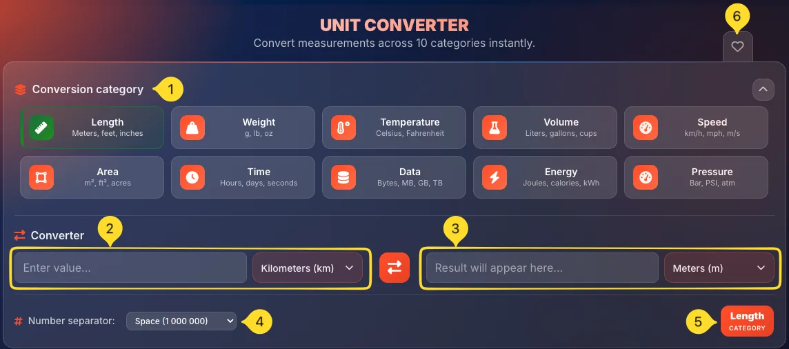 Unit Converter interface overview showing conversion category section, convert section, result section, number separator, and category badge