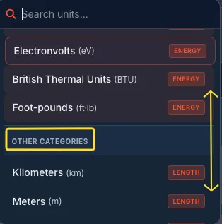 Unit dropdown showing available units with category badges