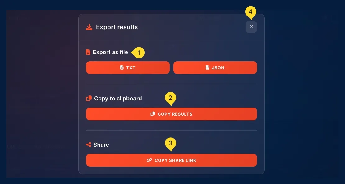 Export modal with download and share options