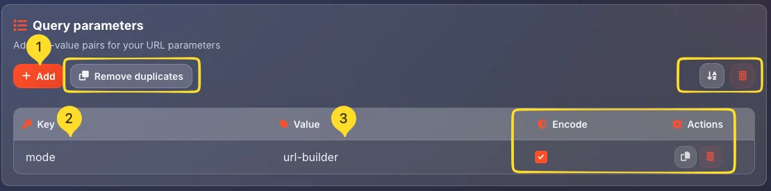 Query parameters section with Add, Remove duplicates, Sort, and Clear buttons