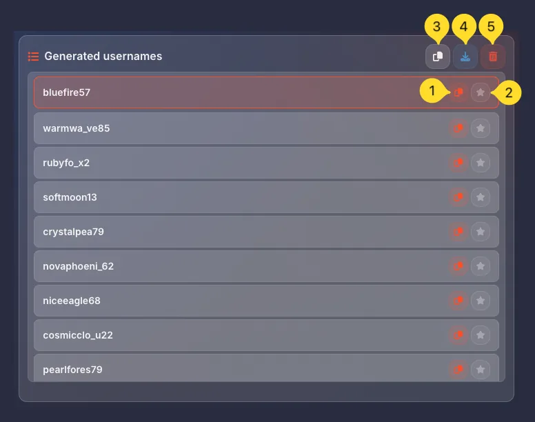 Generated usernames panel showing list of usernames with copy and star buttons