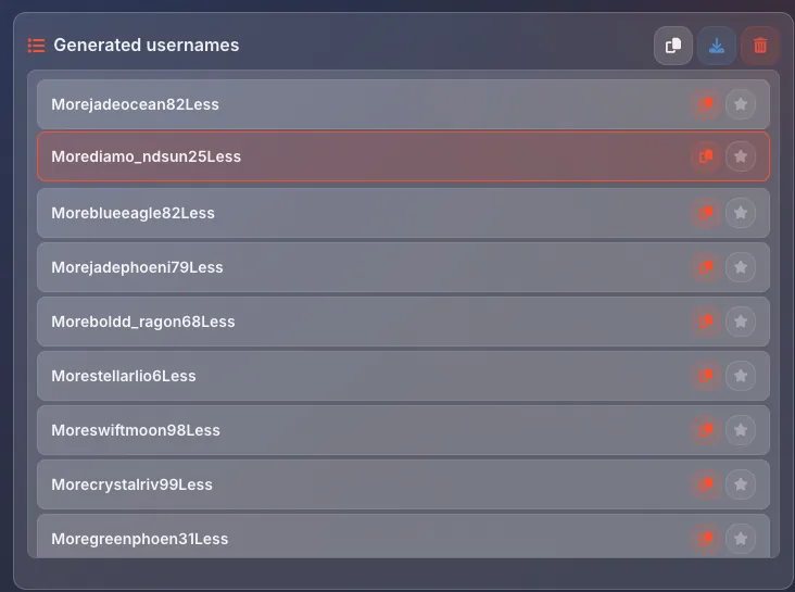 Generated usernames with prefix and suffix applied