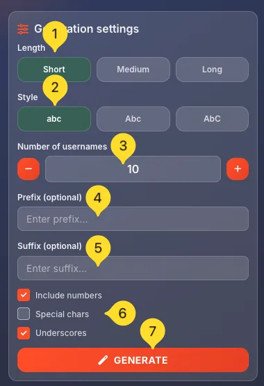 Generation settings panel showing length, style, prefix/suffix and character options
