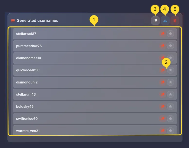 Username Generator output panel with action buttons