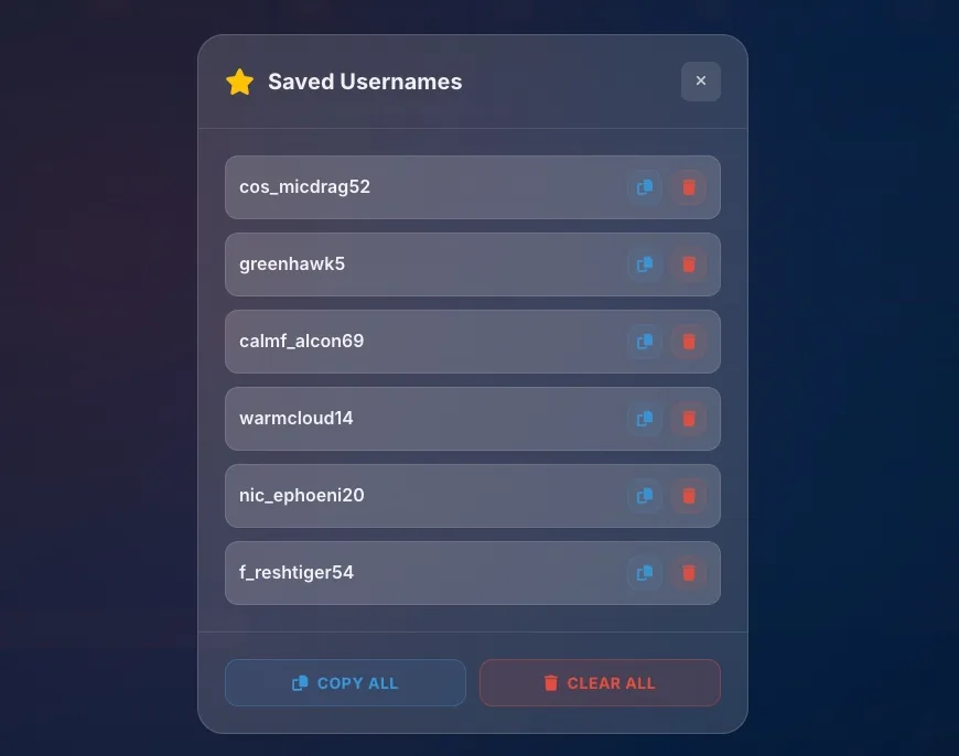 Saved Usernames modal dialog