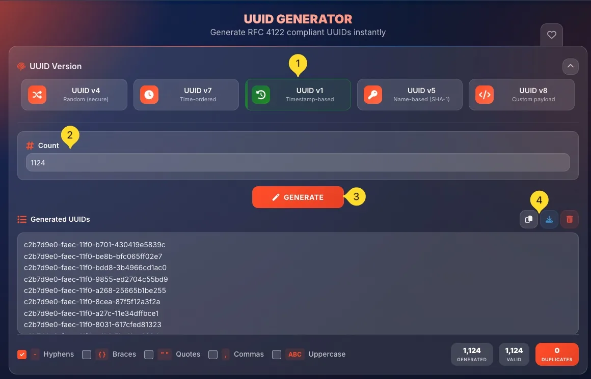 UUID v1 generation showing timestamp-based UUIDs with copy and download options