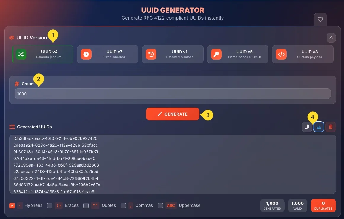 UUID v4 generation showing random UUIDs with copy and download options