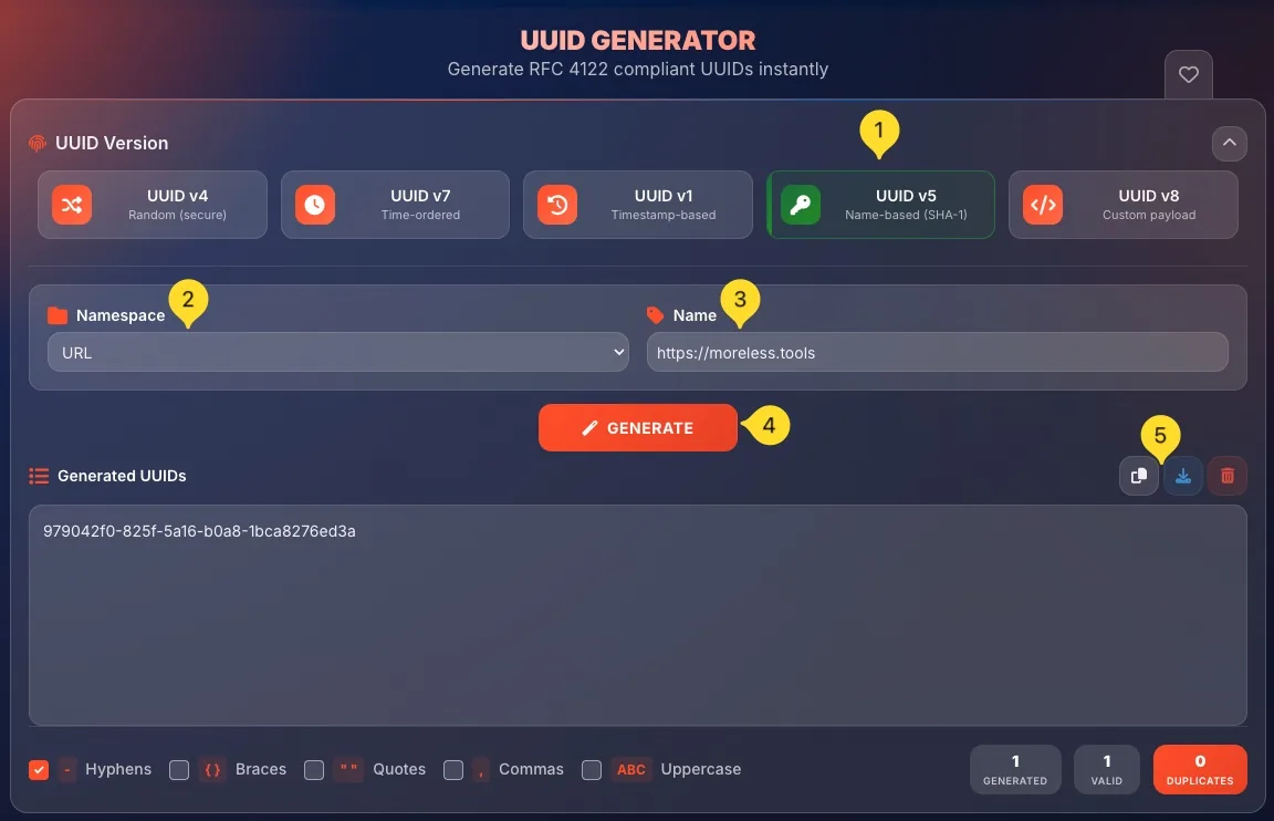 UUID v5 generation showing name-based UUIDs with copy and download options