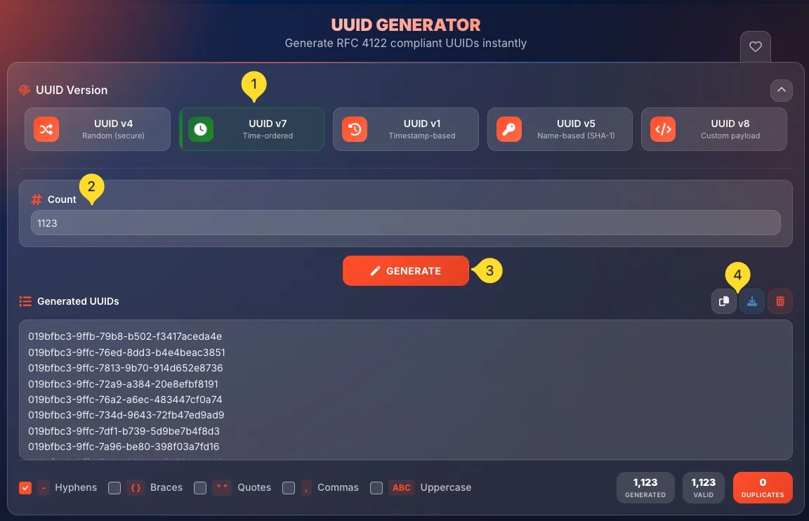 UUID v7 generation showing time-ordered UUIDs with copy and download options