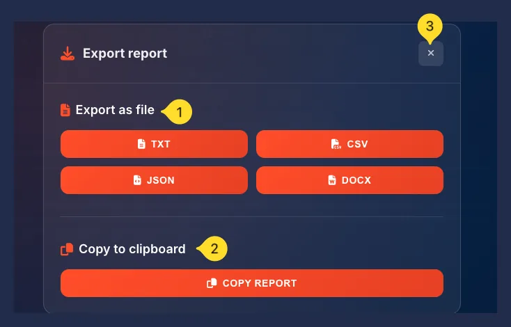 Export report modal with TXT, CSV, JSON, DOCX buttons and COPY REPORT option