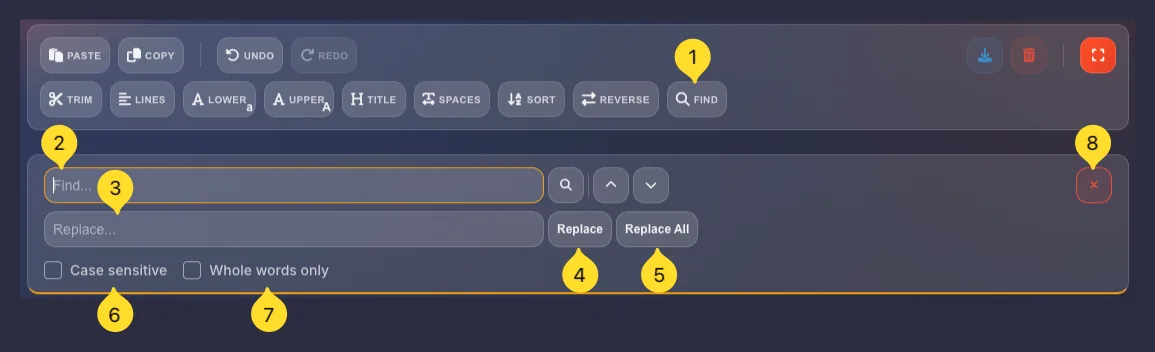 Find and Replace panel with Find field, Replace field, buttons, and checkboxes