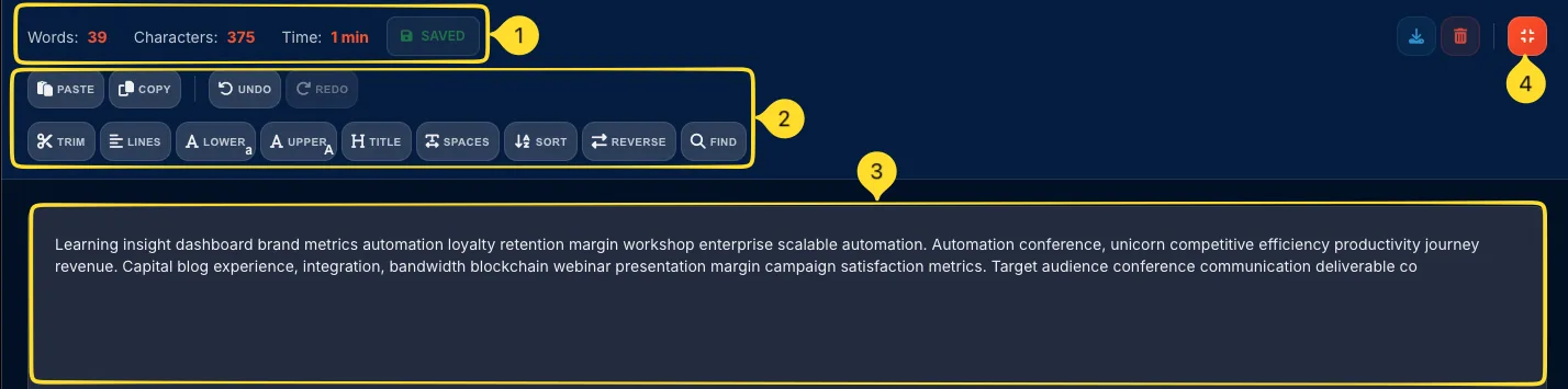 Fullscreen mode with compact header, toolbar, and large text area