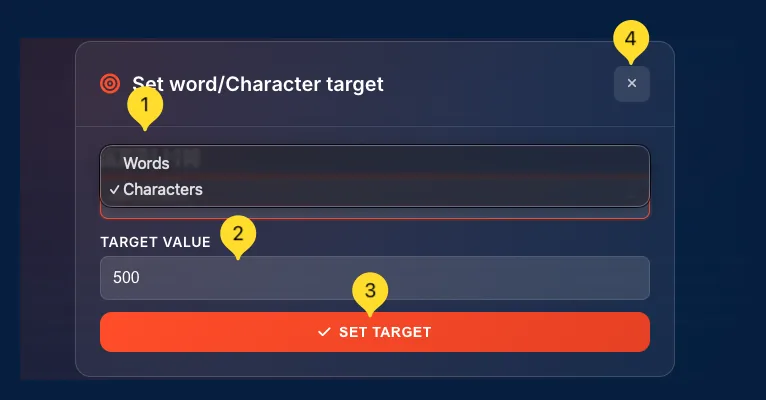 Set word/character target modal with TARGET TYPE dropdown and TARGET VALUE input
